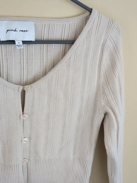 Small Pink Rose Ribbed Oatmeal Long Sleeve Cardigan - Picture 4 of 13